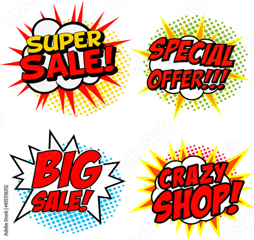 Set of Special Offer!!! Super Sale! Crazy SHOP! Big Sale! phrases in comic style. Vector design elements collection.