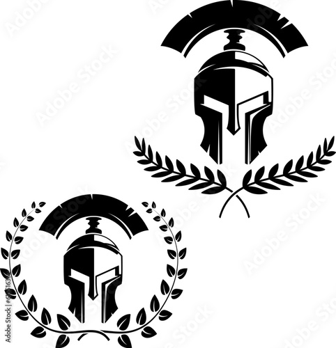 Set of the emblems templates with helmet. Spartan warrior helmets with laurel wreaths. Design elements for logo, label, emblem, sign. Vector illustration.