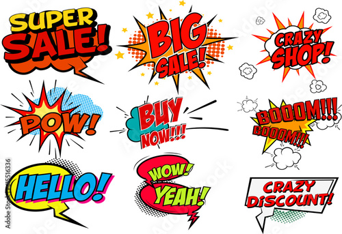 Set of pop art style phrases. Big Sale. Buy Now. Crazy Shop. Super Sale. Wow. Hello. Set of vector design elements.