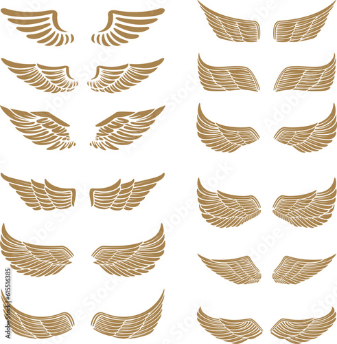 Set of the emblems with wings in gold style isolated on white background. Design element for logo, label, emblem, sign. Vector illustration.