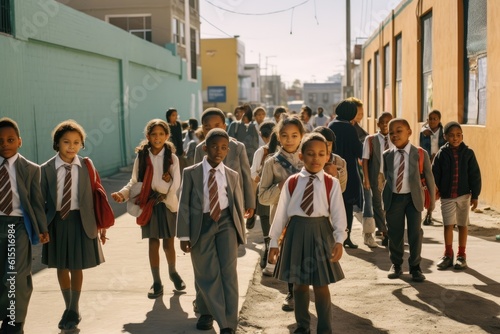 An environmental shot capturing the bustling energy of a schoolyard. Students of varying age ranges, excitedly mingling before school starts. Generative AI