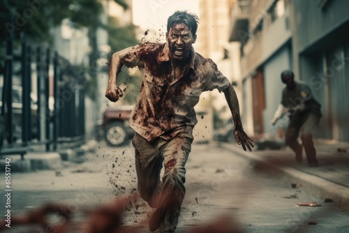 Scary Dead Zombie Running Toward the Camera Outdoors generative AI photo