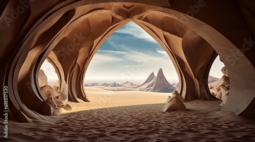 Landscape of fictional sculptures and buildings in desert.