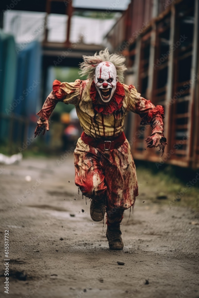 Clown Zombie Charging at the Lens in Dim Lighting generative AI Clown Zombie Charging at the Lens in Dim Lighting generative AI
