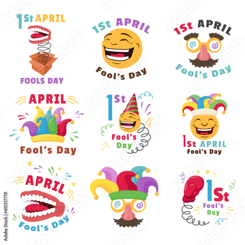 April Fools Day emblems funny clowns comic characters humor smile tools symbol set isometric vector