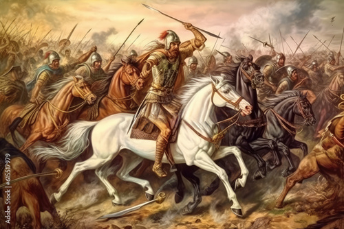 Illustration of Alexander the Great riding horseback, wielding a sword mid-battle. Medieval warfare artwork of an ancient Greek king and warrior leading his military troops in battle
