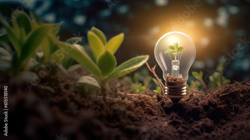 Seeding Innovation A Light Bulb Sprouting in Soil - Illuminating Sustainable Solutions for a Green Future. created with Generative AI