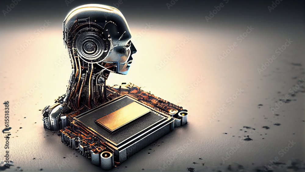 Electronic brain or intellect. The head of a humanoid robot growing