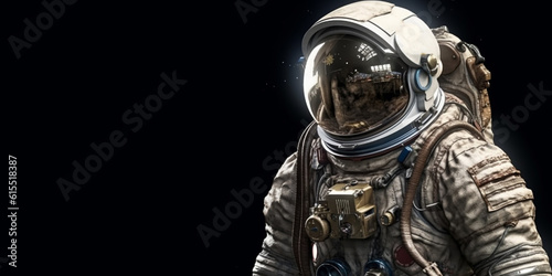 Cosmonaut or astronaut in a spacesuit  close-up and on an isolated black background. Generative AI