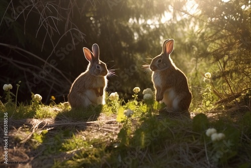 Two rabbits seats on green grass. Easter bunny. Generative ai image. © nuclear_lily