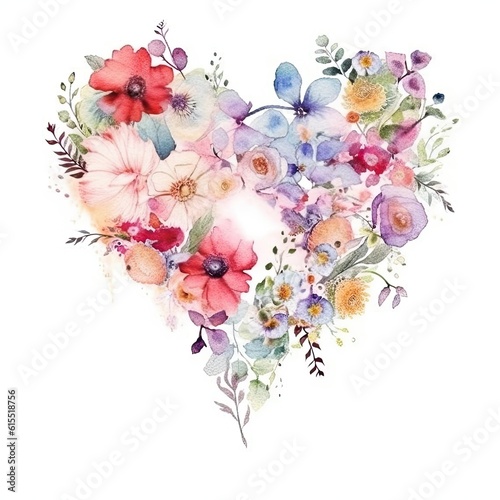 botanical watercolor heart design with flowers and leaves, floral background, ai generative