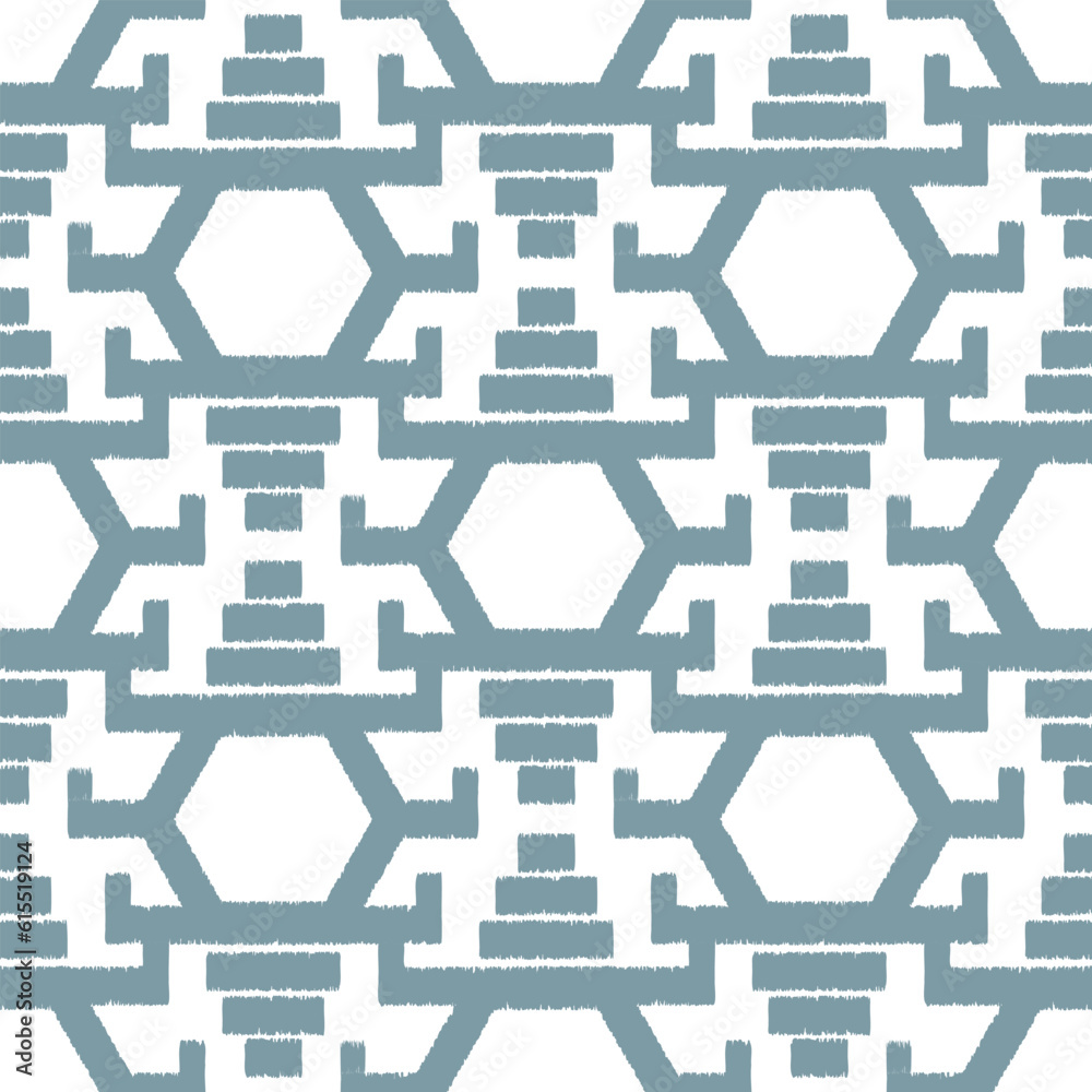 Fototapeta premium Seamless ikat pattern with green elements on white background.
