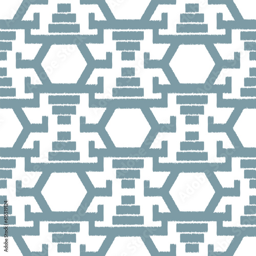 Seamless ikat pattern with green elements on white background.