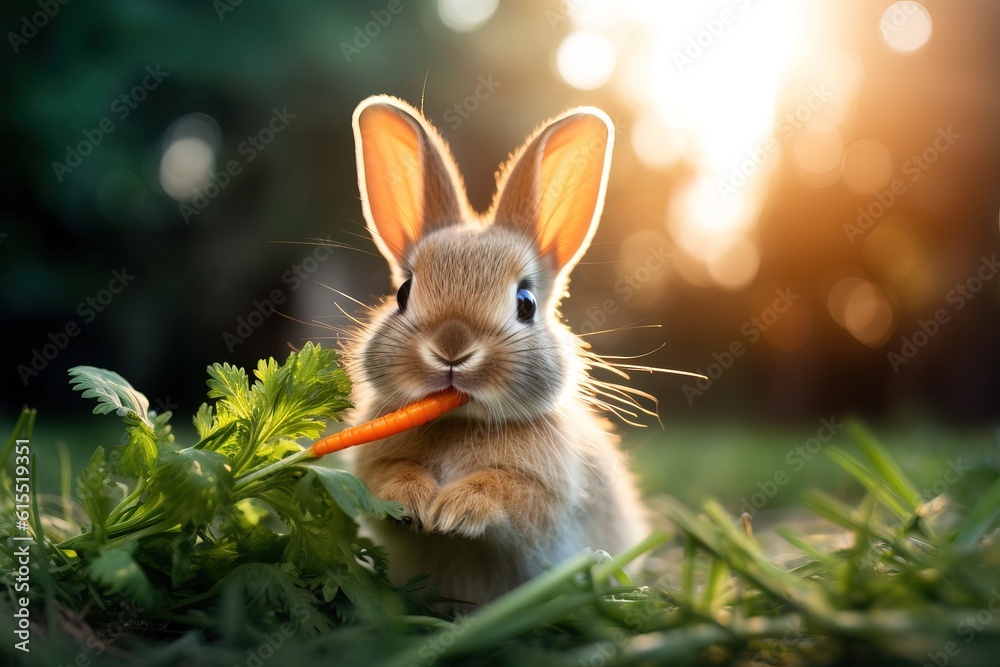 Fototapeta premium Rabbit eats a carrot on green grass. Easter bunny. Generative ai image.
