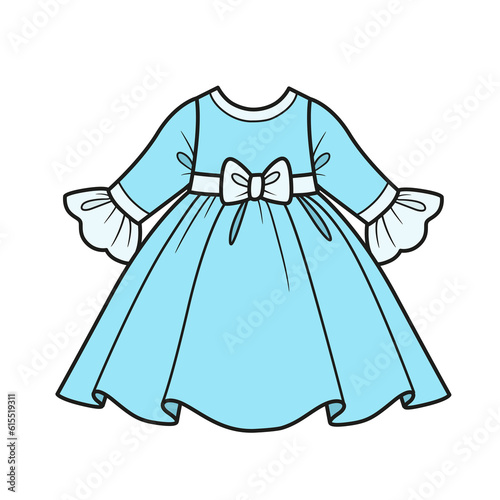 Elegant dress with long sleeves and fluffy skirt color variation for coloring on a white background