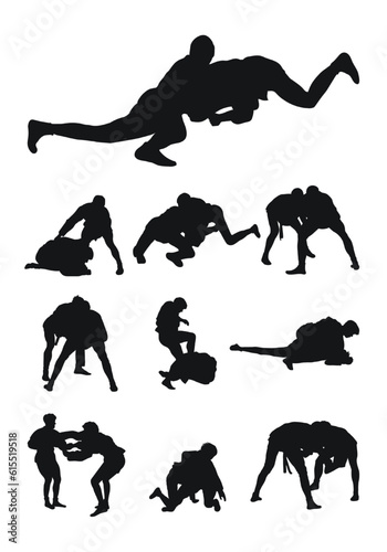 Sketch image of a silhouettes of sambo athletes in sambo wrestling, combat sambo, duel, fight, jiu jitsu. Martial art, sportsmanship