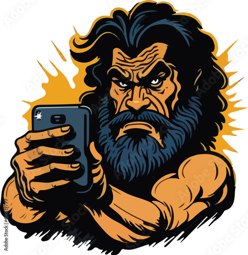 modern ape with smartphone t-shirt design, thick beard, modern day, concept