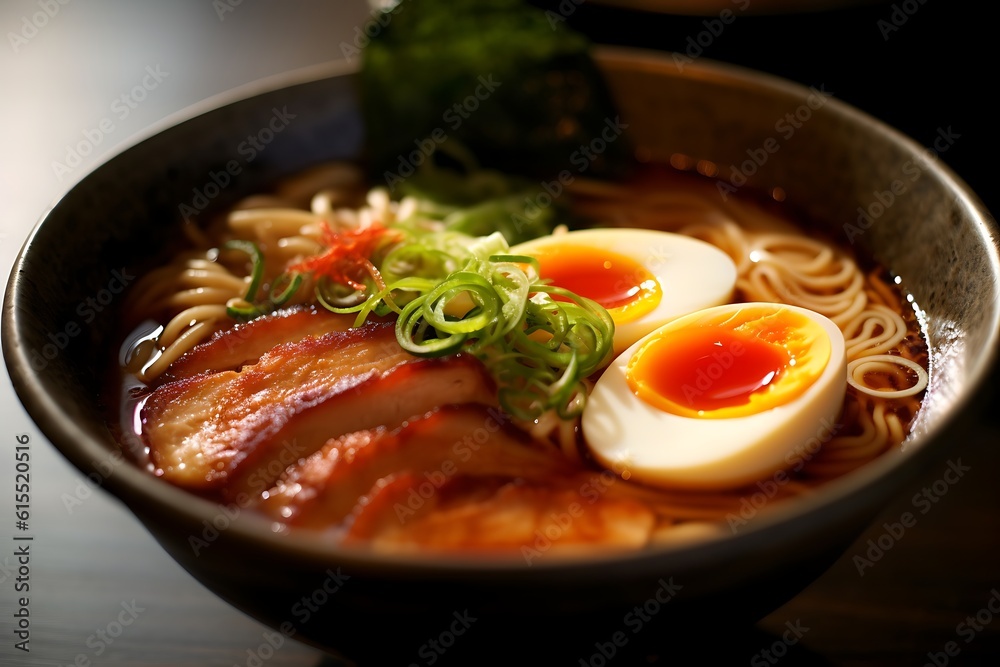 Savory ramen bowl with tender pork belly and soft-boiled eggs. Savory ramen bowl with tender pork belly and soft-boiled eggs.