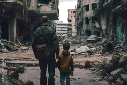 A gray-haired man and a boy walk through the ruins of a destroyed city after the war. Generated AI