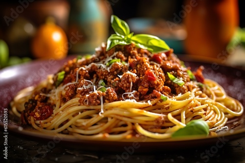 Delicious spaghetti bolognese with flavorful tomato sauce and fragrant basil.