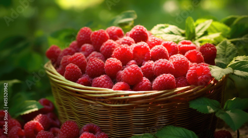 Ripe raspberries in a basket on a background of green grass. Generative AI