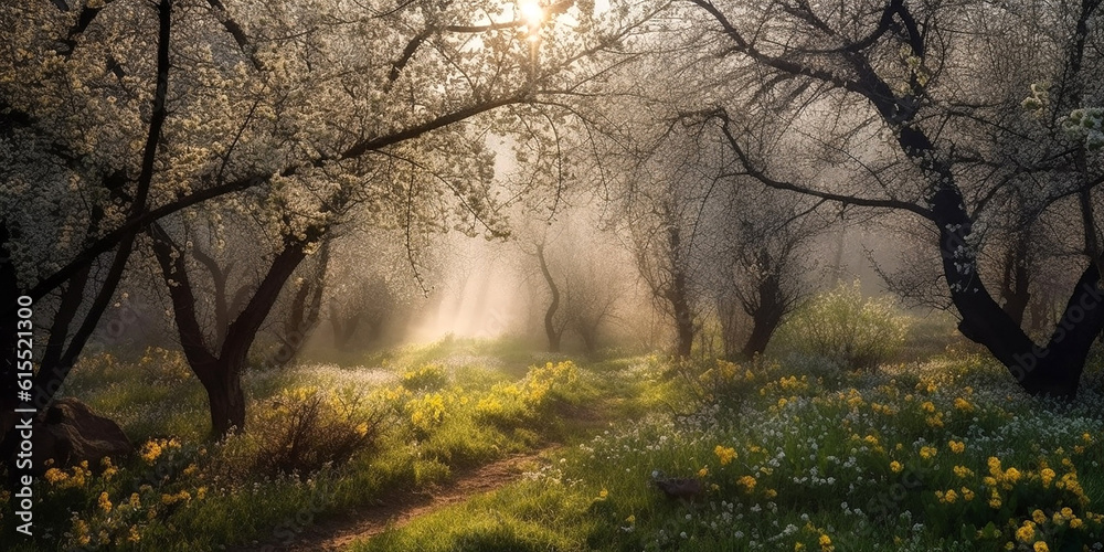Blooming fruit orchard in spring in the sun and light fog. Generative AI