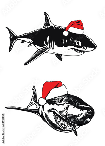 Graphical  set of sharks in Santa Claus red hats on white background, underwater life. Vector new year illustration, great white shark elements