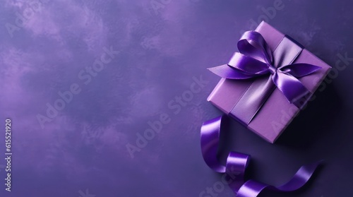 Top view on purple gift box on violet background with copy space. Generative AI.