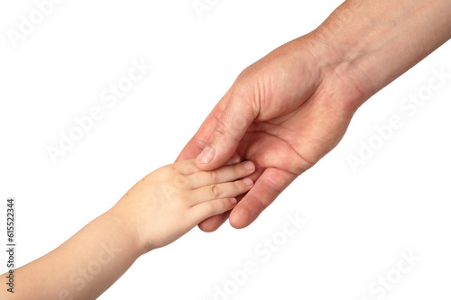 Father holding daughter hand isolated on white background.