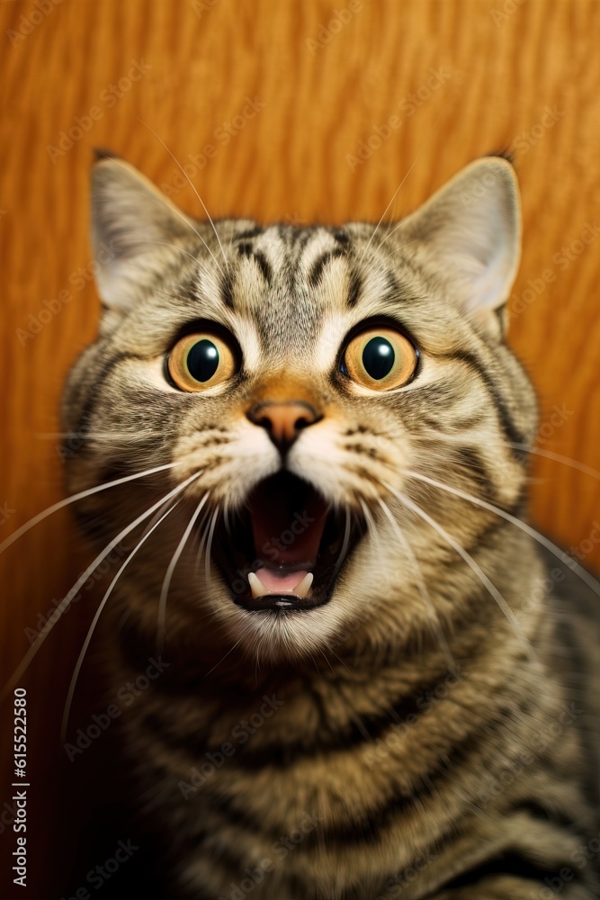 Fototapeta premium Funny cat portrait looking shocked or surprised. Generative ai image.