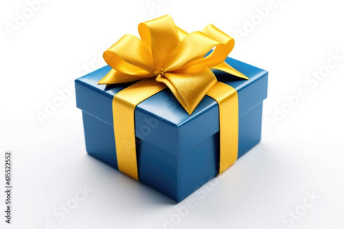 Blue gift box with yellow, golden ribbon on white background Generative AI