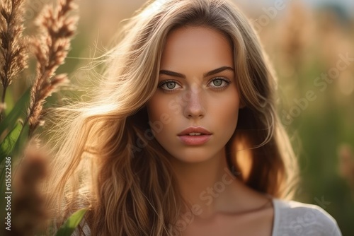 Photograph of a naturally beautiful female model in nature. Generative AI