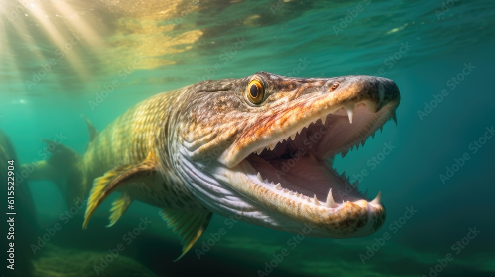 Northern Pike Fish Swimming Near the Surface of the Azure-Colored Water Northern Pike Fish Swimming Near the Surface of the Azure-Colored Water