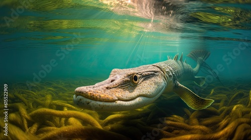 Northern Pike Fish Swimming Near the Surface of the Azure-Colored Water