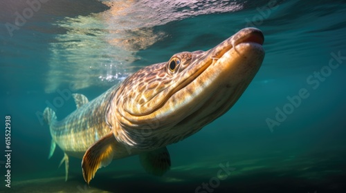 Northern Pike Fish Swimming Near the Surface of the Azure-Colored Water