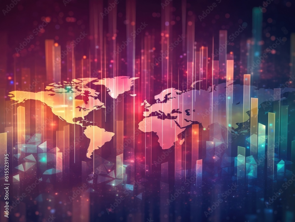 Fototapeta premium Global economy stock market finance chart business on world map 3D, technology economic screen in the background. Generative AI