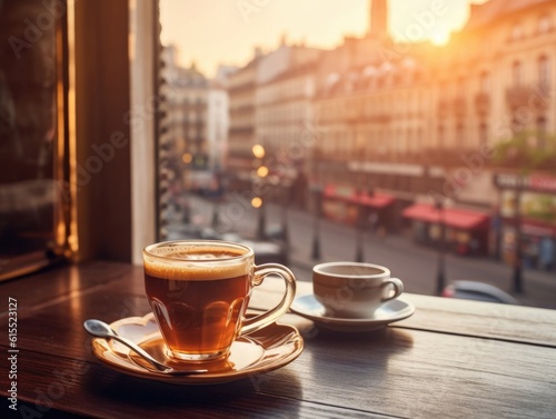 A cup of coffee on a wooden table against the window in the morning, in the style of captivating cityscapes. Generative AI