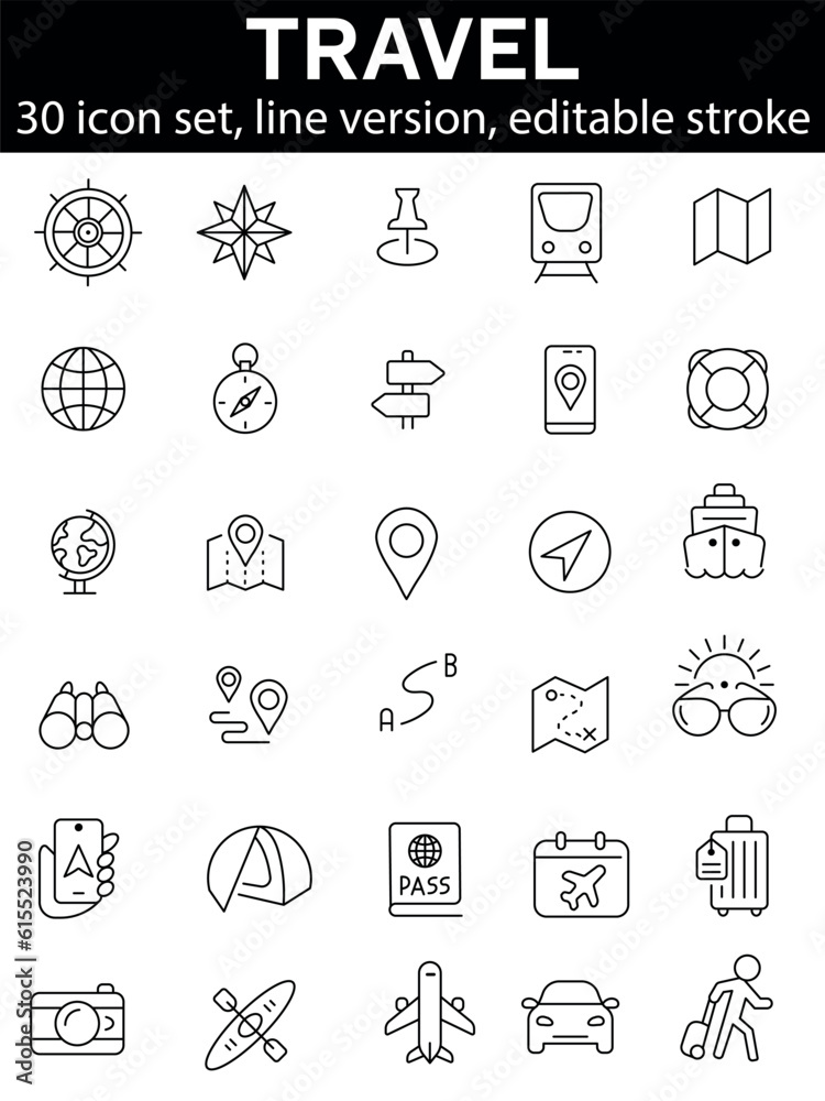 Travel icon set, line version, editable stroke