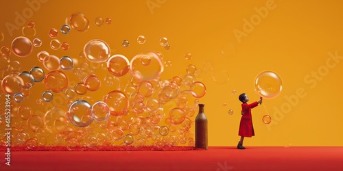 A playful composition of a person blowing bubbles that transform into miniature, concept of Transience of Time, created with Generative AI technology