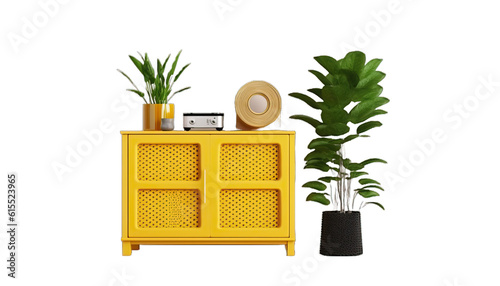 Yellow cabinet for room with plant. set of decor items furniture isolated on transparent or white background