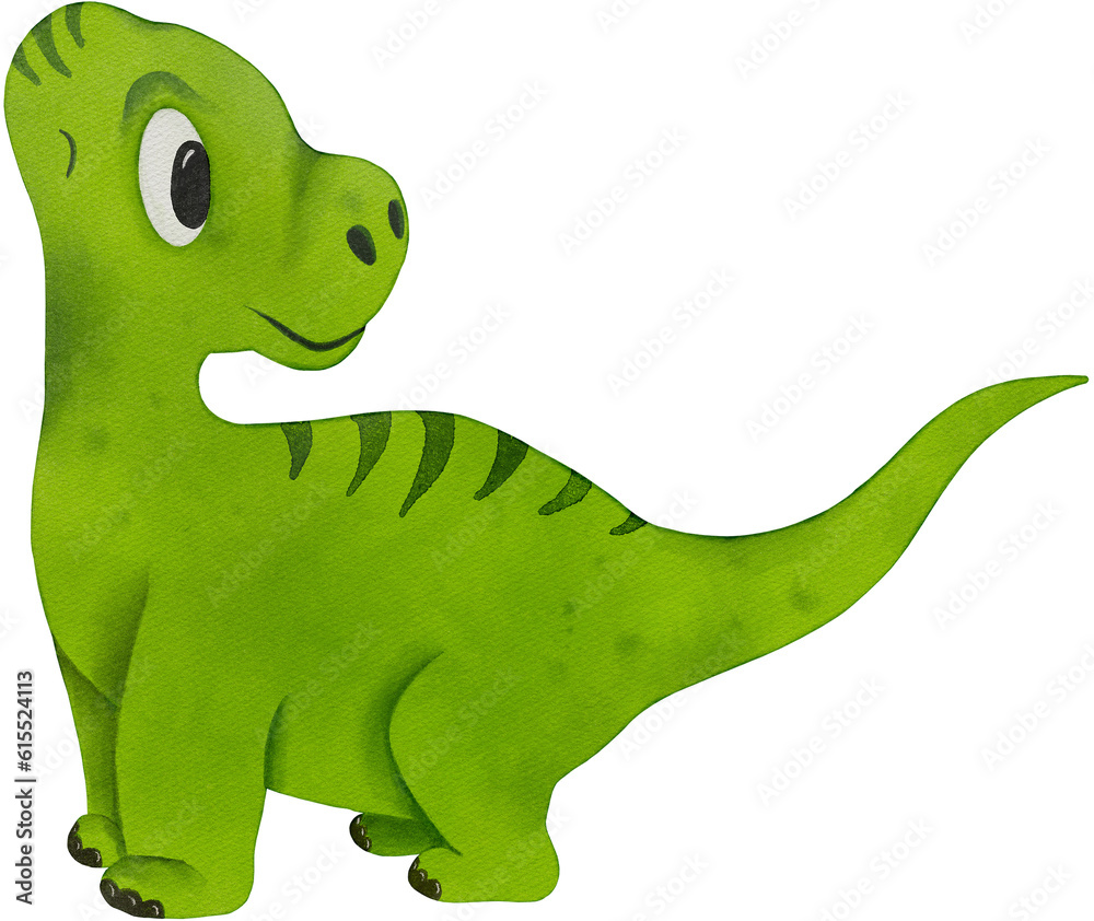 Fototapeta premium Cute watercolor green dinosaur. Baby animal illustration for nursery poster, invitation, greeting card, Birthday party decoration. Childish printable image for t-shirt, bag, mag sublimation.