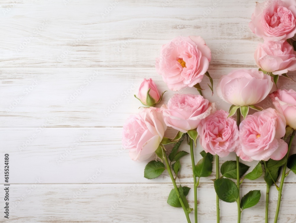 Top view of pink roses against a white wood table background, in the style of vintage. Generative AI Top view of pink roses against a white wood table background, in the style of vintage. Generative AI