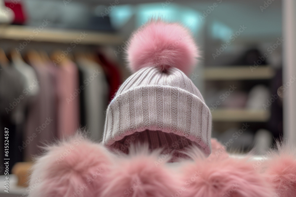 Winter woman`s hat on the table in the clothing store. Super photo realistic background. Generative ai illustration Winter woman`s hat on the table in the clothing store. Super photo realistic background. Generative ai illustration