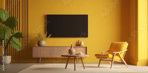 Yellow living room interior with armchair TV stand and plant.3d rendering