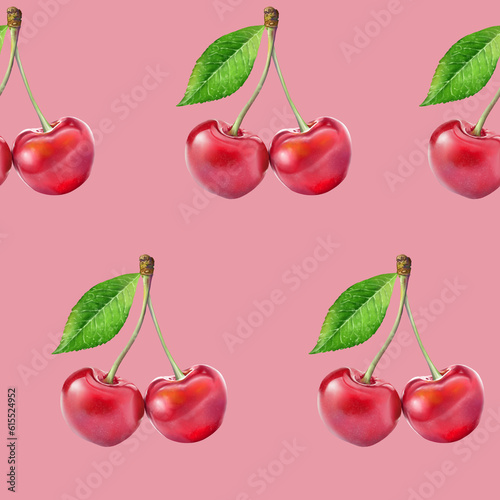 Illustration realism seamless pattern berry red cherry with green leaf on a pink background. High quality illustration