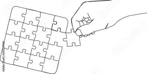 continuous single line drawing of hand adding last missing puzzle piece to jigsaw puzzle, line art vector illustration