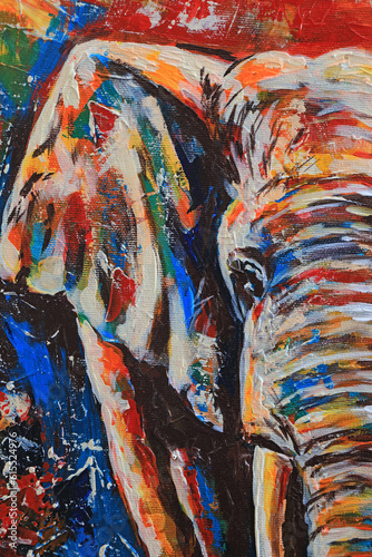 Multicolored saturated acrylic painting of an African elephant with big tusks