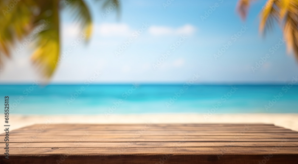 An empty wooden table in front of a blurred tropical background with sea, palm trees and beach. Concept banner on the subject of vacation, travel and summer.