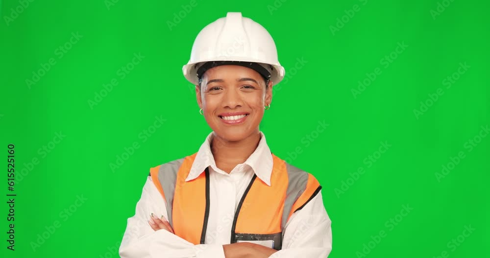 Happy woman, construction worker and green screen, arms crossed and face with laughter on studio background. Architecture, portrait and female contractor, funny and confident with mockup space Happy woman, construction worker and green screen, arms crossed and face with laughter on studio background. Architecture, portrait and female contractor, funny and confident with mockup space