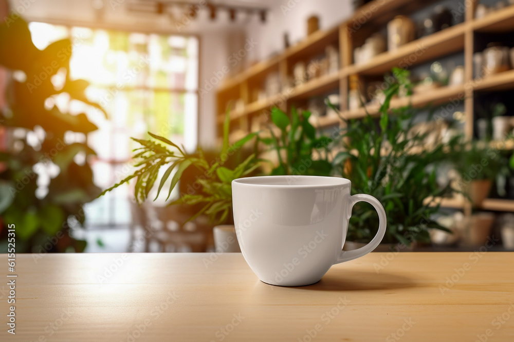 Ceramic cup with plants on the table in the store. Super photo realistic background, generative ai 3d illustration